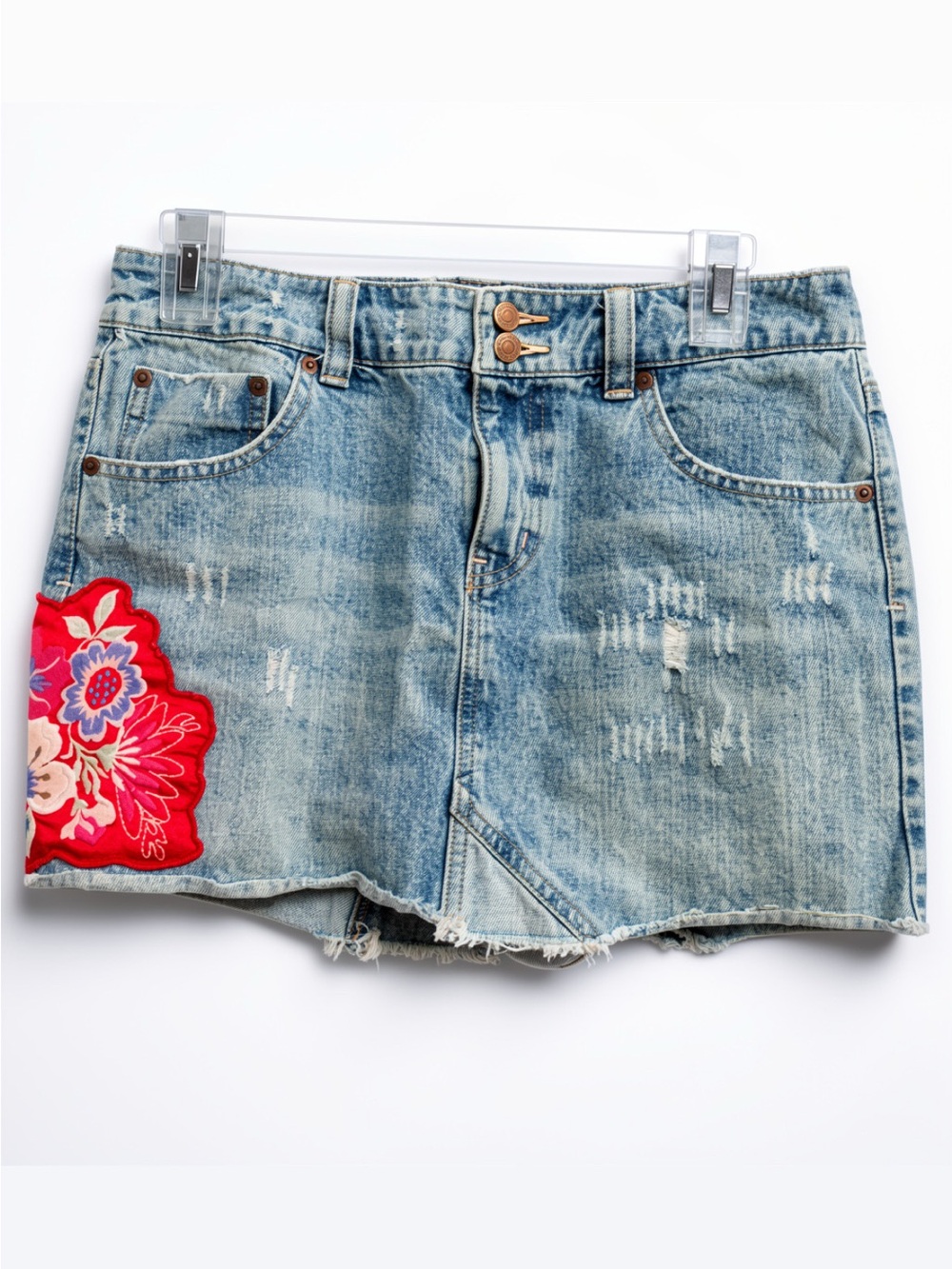 Pretty Distressed Denim Mini Skirt W/ Floral Hot Pink Appliqué Embellishment